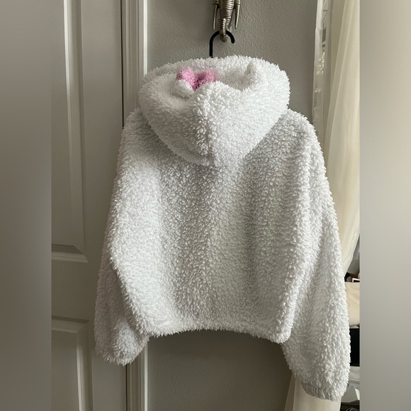 HELLO KITTY CROPPED HOODIE WITH EARS SIZE M WHITE PINK FLUFFY FUZZY - Picture 3 of 4